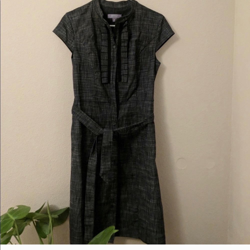 Grey plaid dress with cap sleeves.